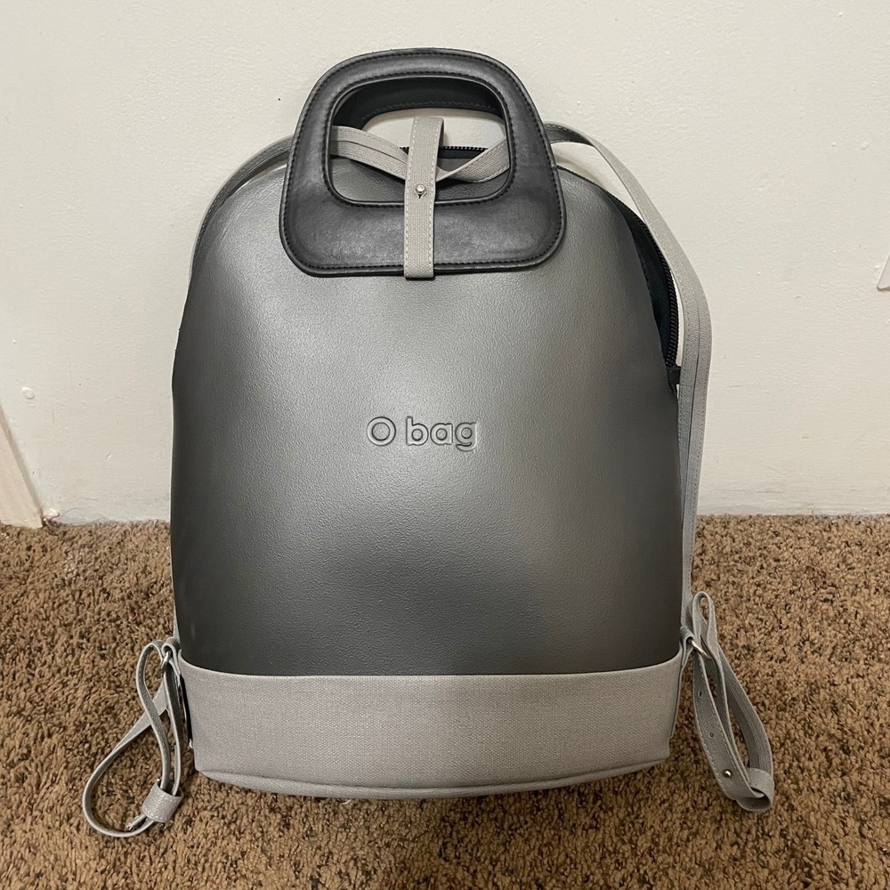 O bag Gray Faux Leather Backpack with Canvas Trim and Top‎ Handle